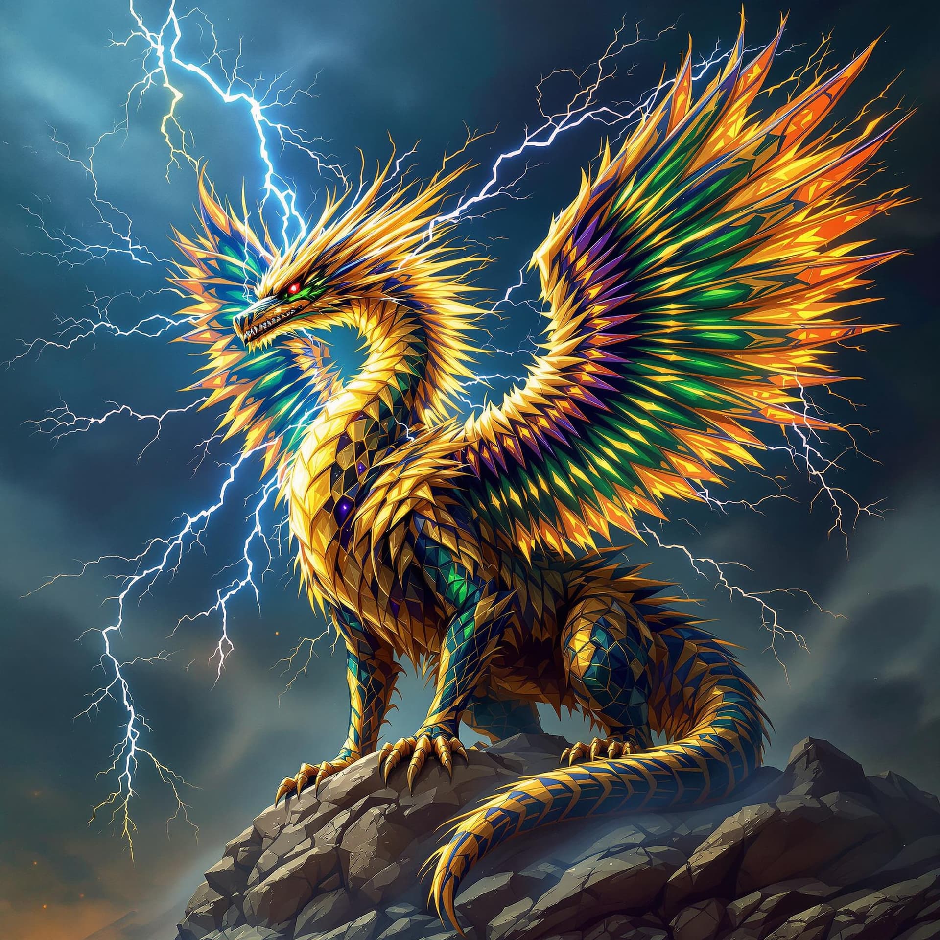 AI generated: Quetzalcoatl with it's wings made of lightning.