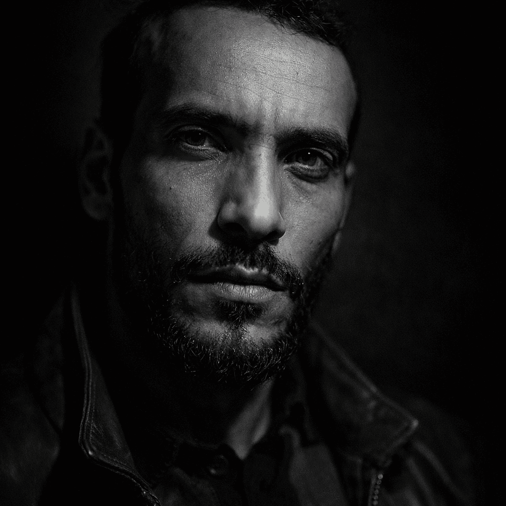 AI generated: Ultra-realistic black and white cinematic portrait of a man, dramatic side lighting, deep shadows, s...