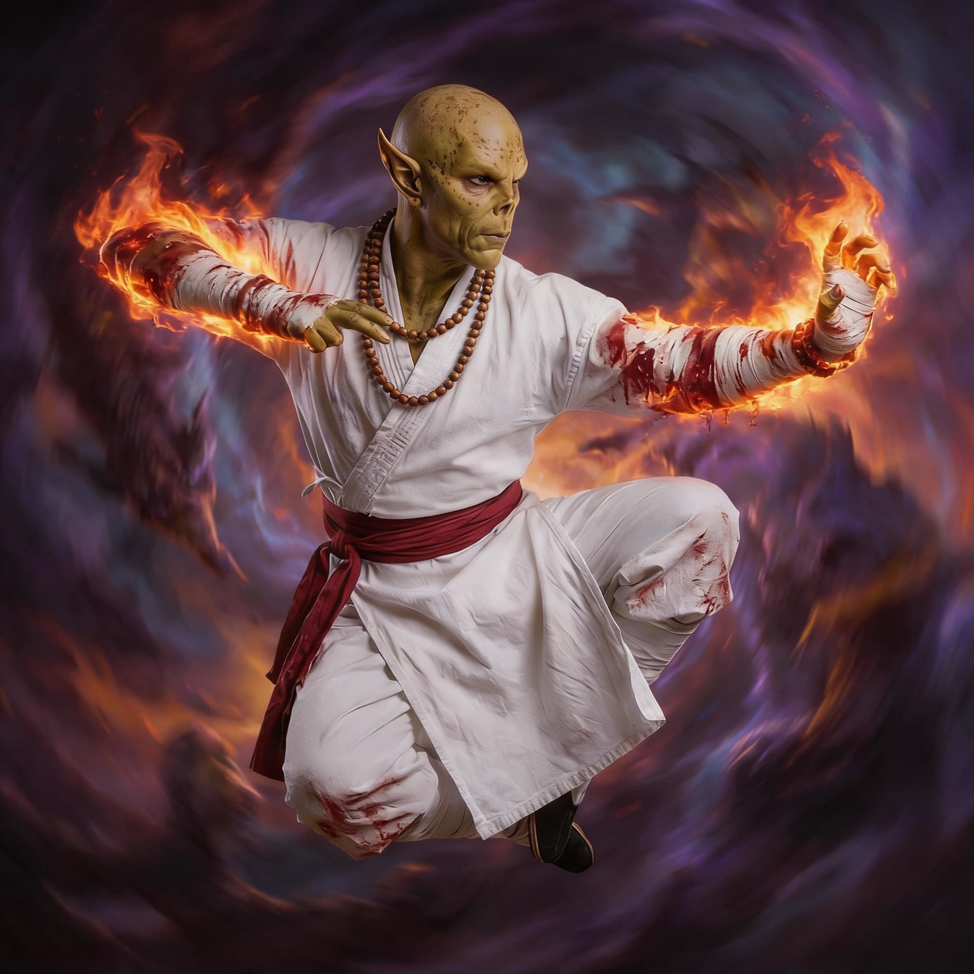 AI generated: Githzerai monk in white robes and red sash belt, wearing elbow length white but heavily blood staine...