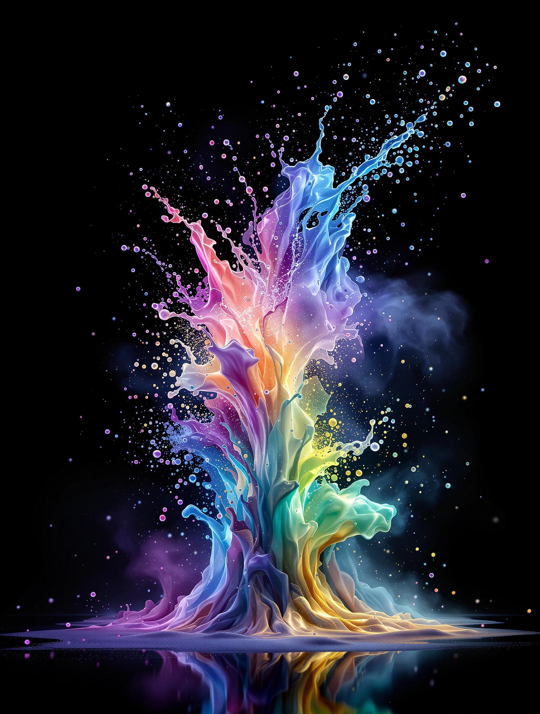 AI generated: hyper realistic glowing holographic milky fluid explosion, drip, splashes, powder, smoke, black back...