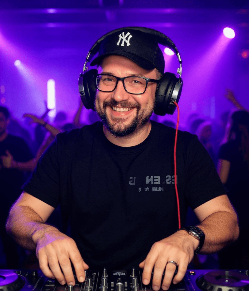 AI generated: A DJ with a beard and glasses wearing a baseball cap and a black T-shirt, headphones, entertainment ...