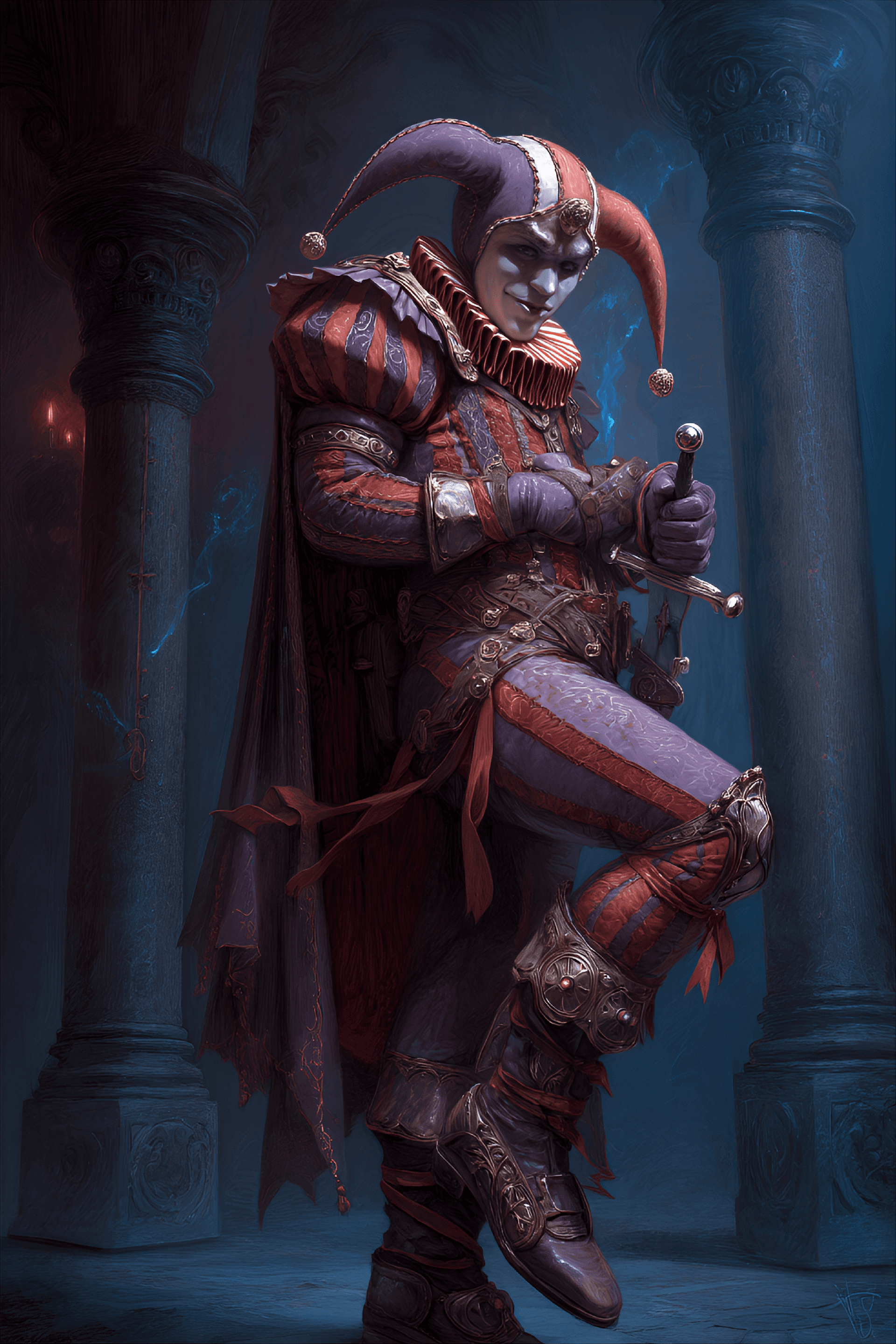 AI generated: jester-like figure, centrally positioned, is depicted in a fantasy style. The character appears to b...