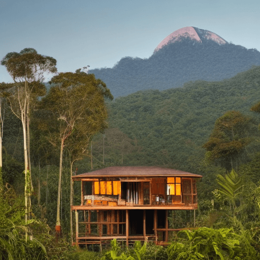 AI generated: black and blue marble house, wooden structure, jungle vibe, sunset at the lefts side, mountains back...