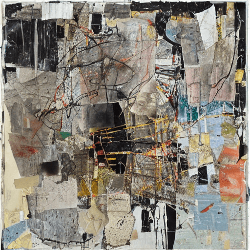 AI generated: mixed - media collage abstract painting in the style mark bradford. anselm kiefer figure-like shapes...