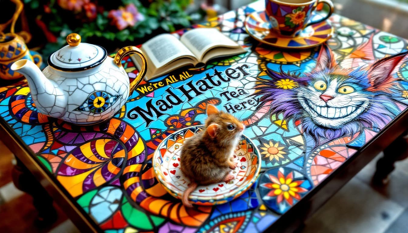 AI generated: 3D HDR Trippy Hippie Soho Boho influenced  coffee table mosaic featuring intricately detailed psyche...