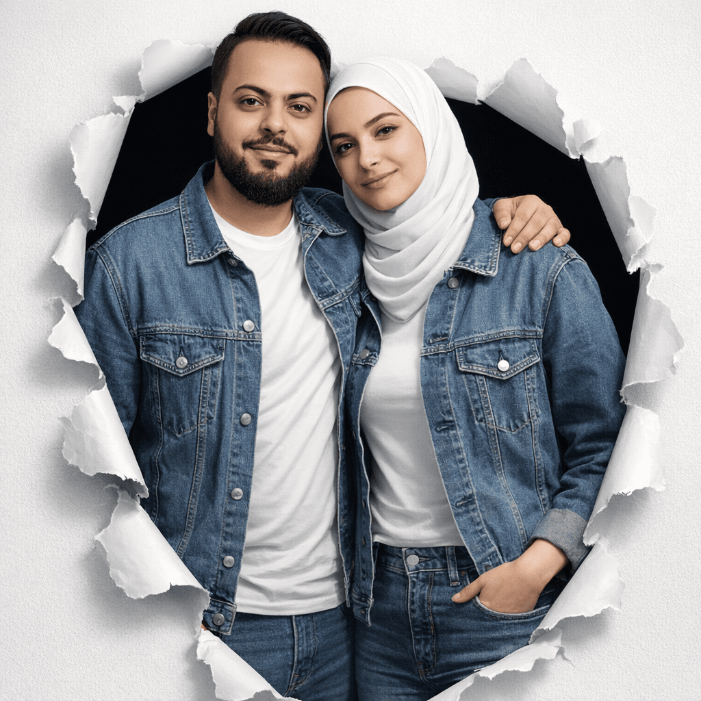 AI generated: Two Moroccan couple portraits, half-body view, emerging from realistic torn paper holes on a light g...