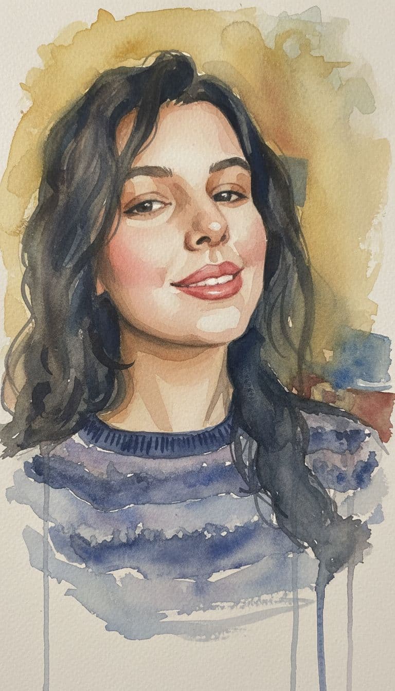 AI generated: Watercolor portrait of a woman, free brushwork --chaos 75 --ar 1:2 --style raw --profile rsy6uq9 --s...