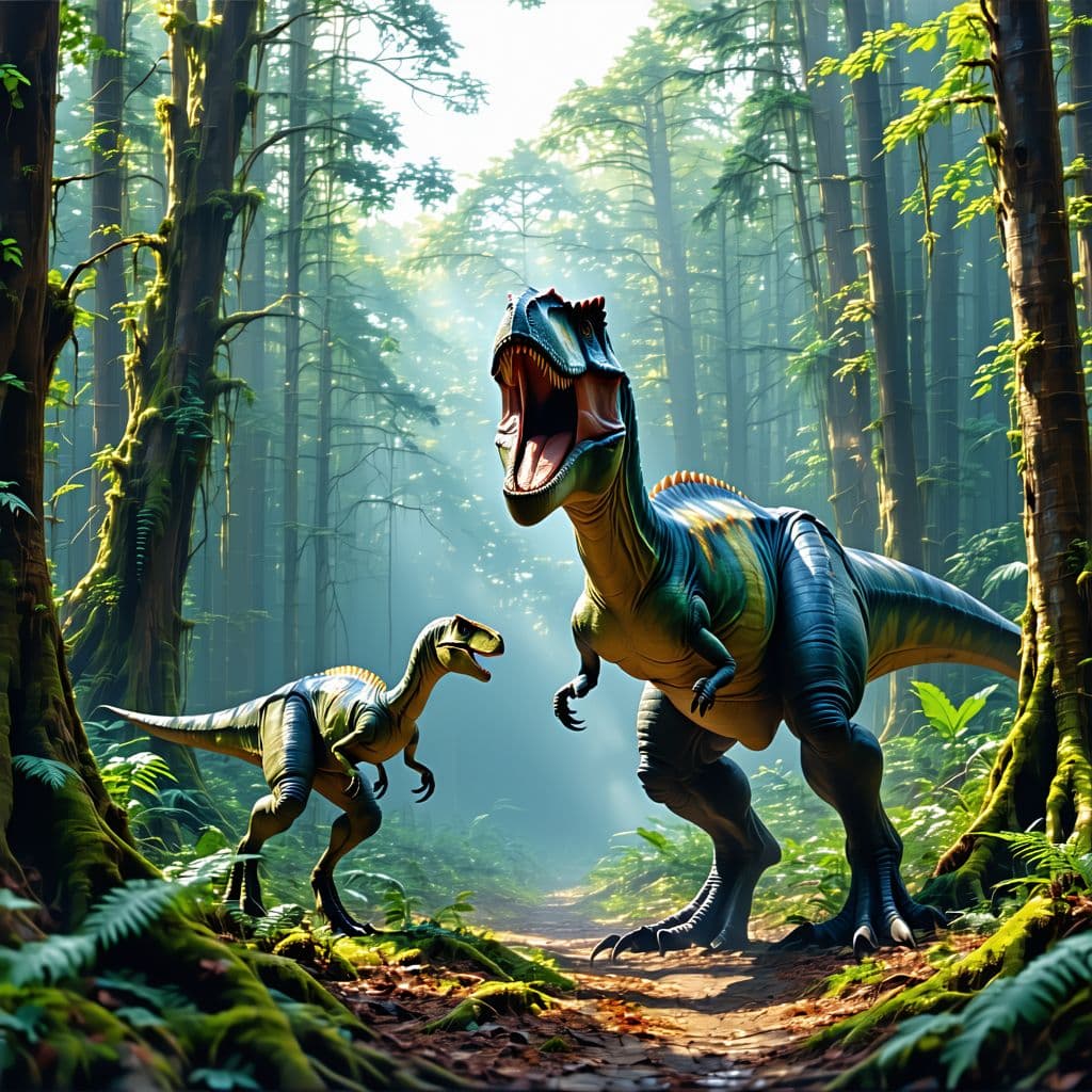AI generated:  una imatge d'un tiranosaure rex que està atacant un velociraptor en un bosc molt frondós de la preh...