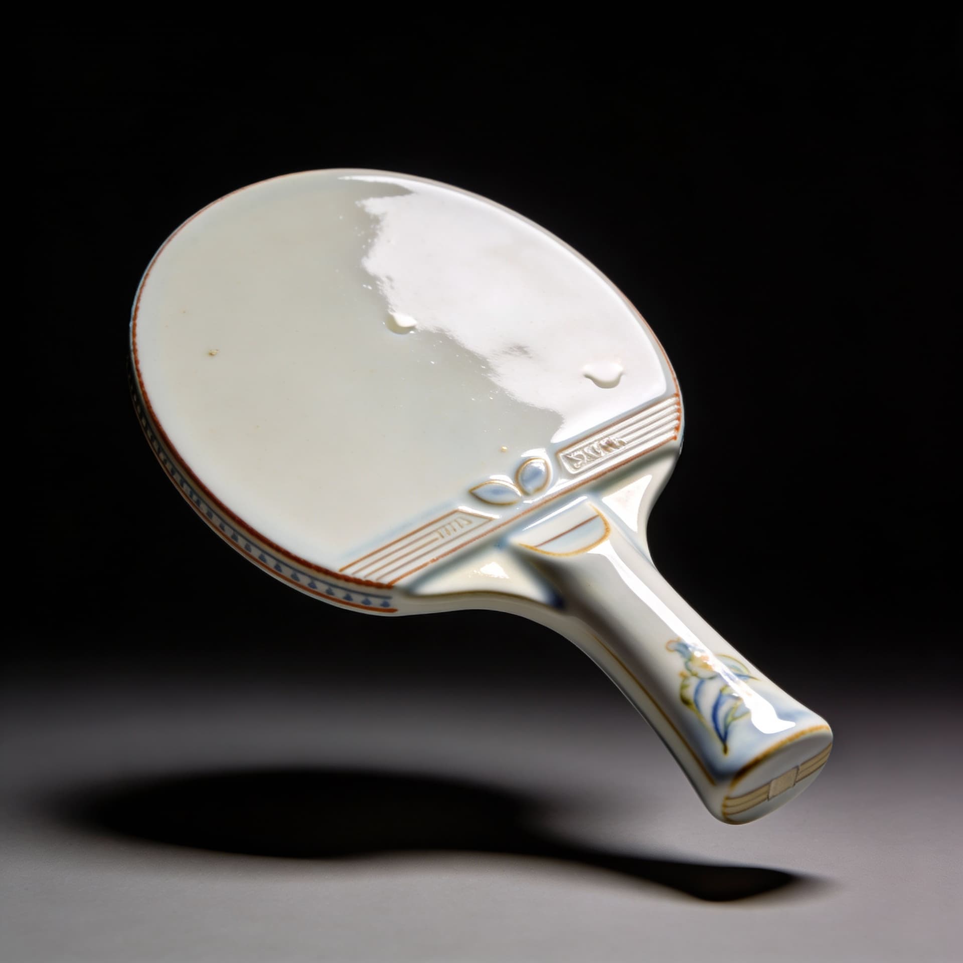 AI generated: A hyper-realistic editorial 3D render of a ping pong racket sculpted from fine porcelain china, phot...
