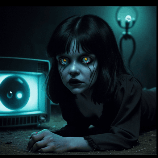 AI generated: village of the damned, girl with spooky glowing eyes closeup, crawling out a vintage tv set like in ...