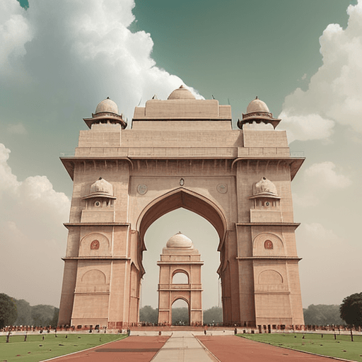 AI generated: saffron, white and green clouds above The India Gate. , daylight, indirect lighting, AD magazine