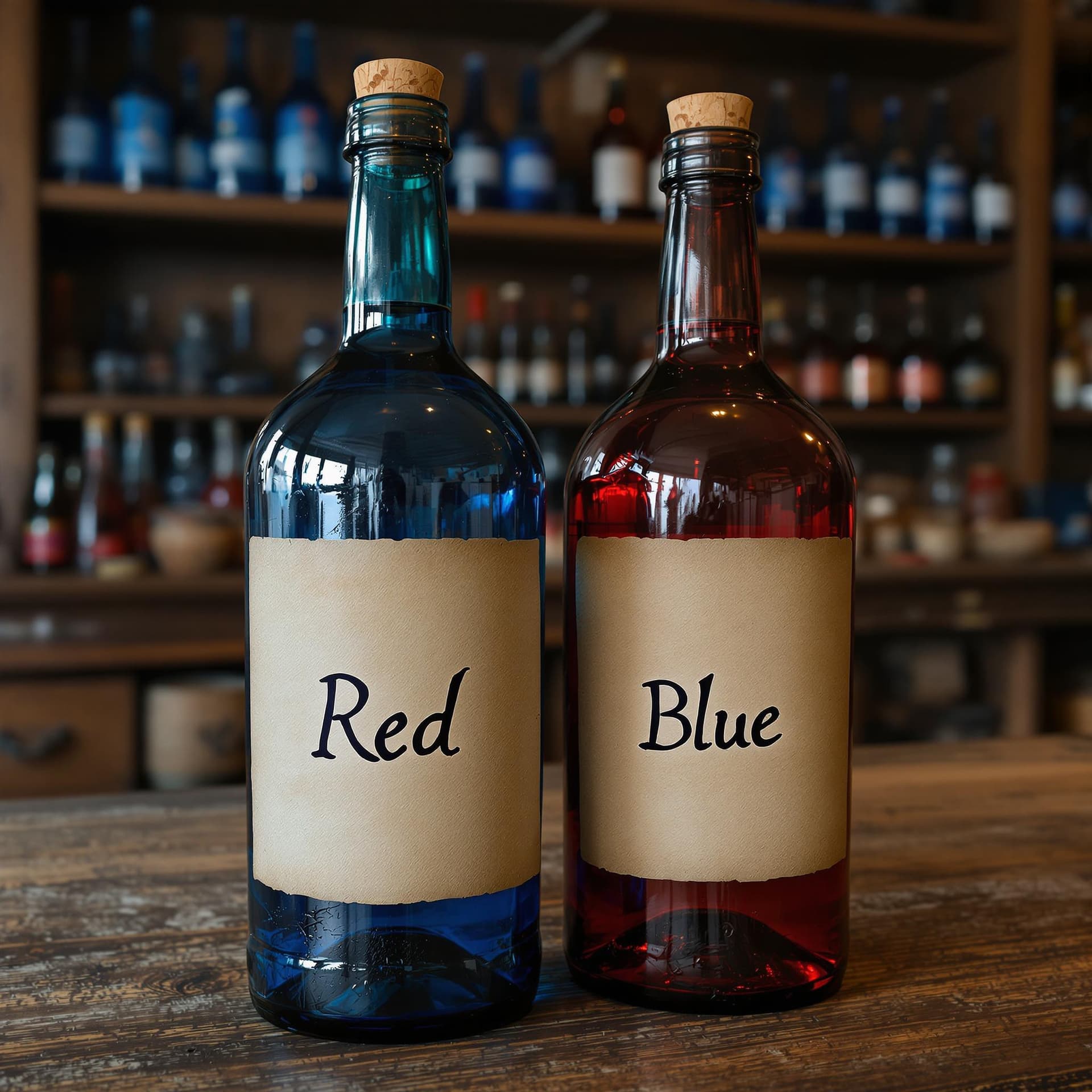 AI generated: An old-fashioned bottle with a plain old paper label that says "Red" in an old handwriting script  a...
