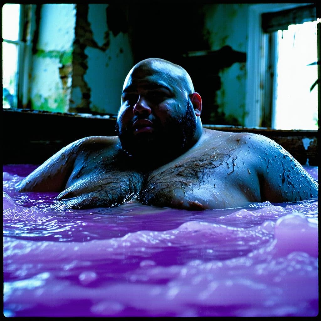 AI generated: grainy 80's photograph quality polaroid of big fat bald soft round black man drowning in purple drin...