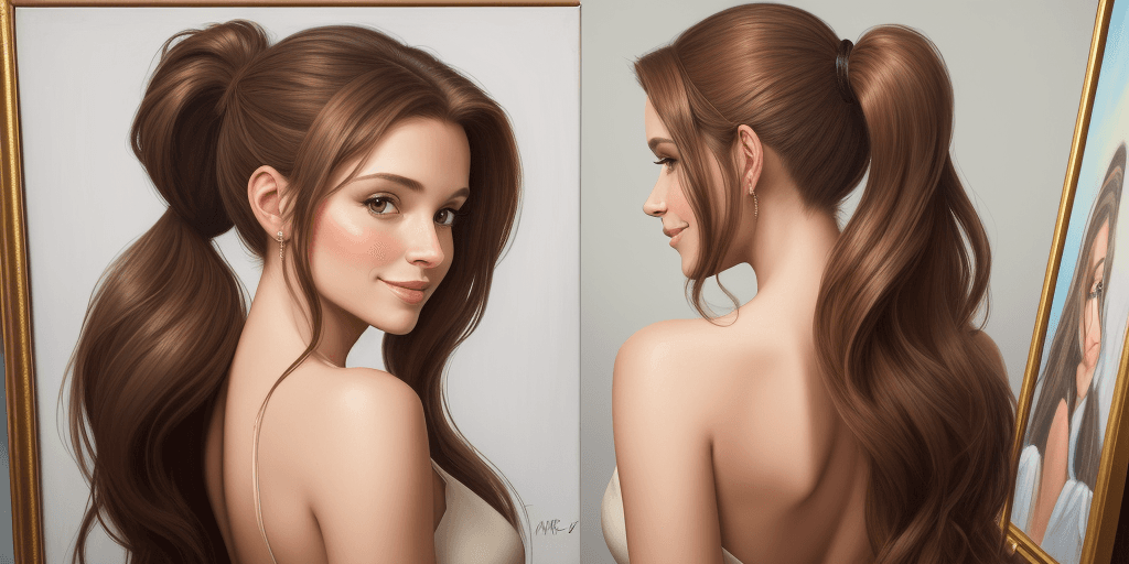 AI generated: celebrity portrait painting of a beautiful woman with long light brown hair, wearing a backless outf...