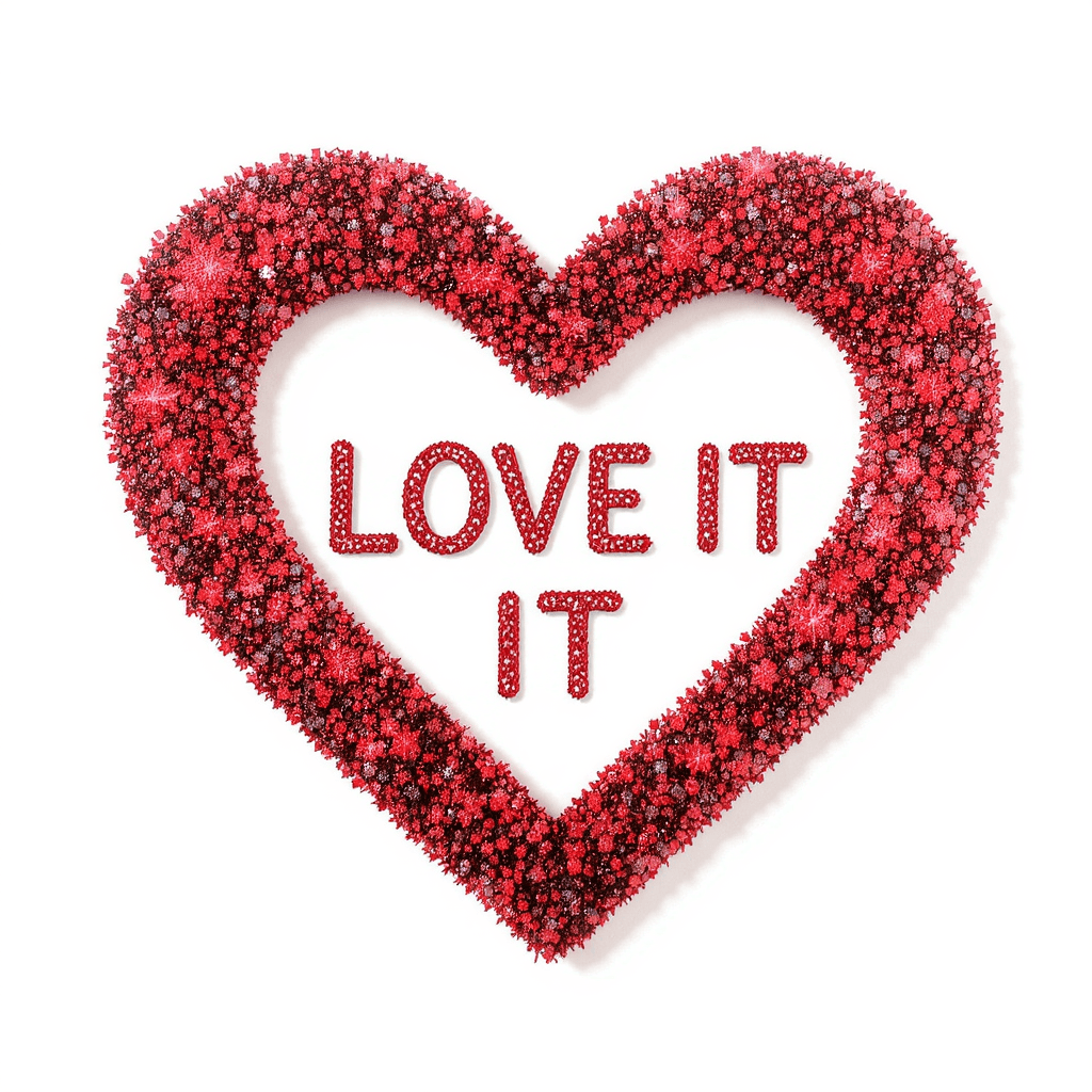 AI generated: highly detailed red glitter heart with 'LOVE IT' centered inside. Image is isolated on a white backg...
