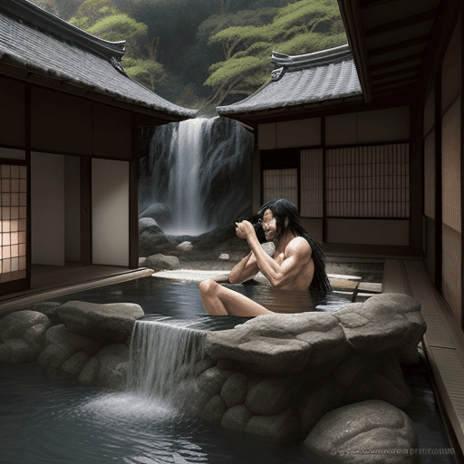 AI generated: an handsome japanese black long haired man is bathing under a waterfall, in an ancient japanese ruin...