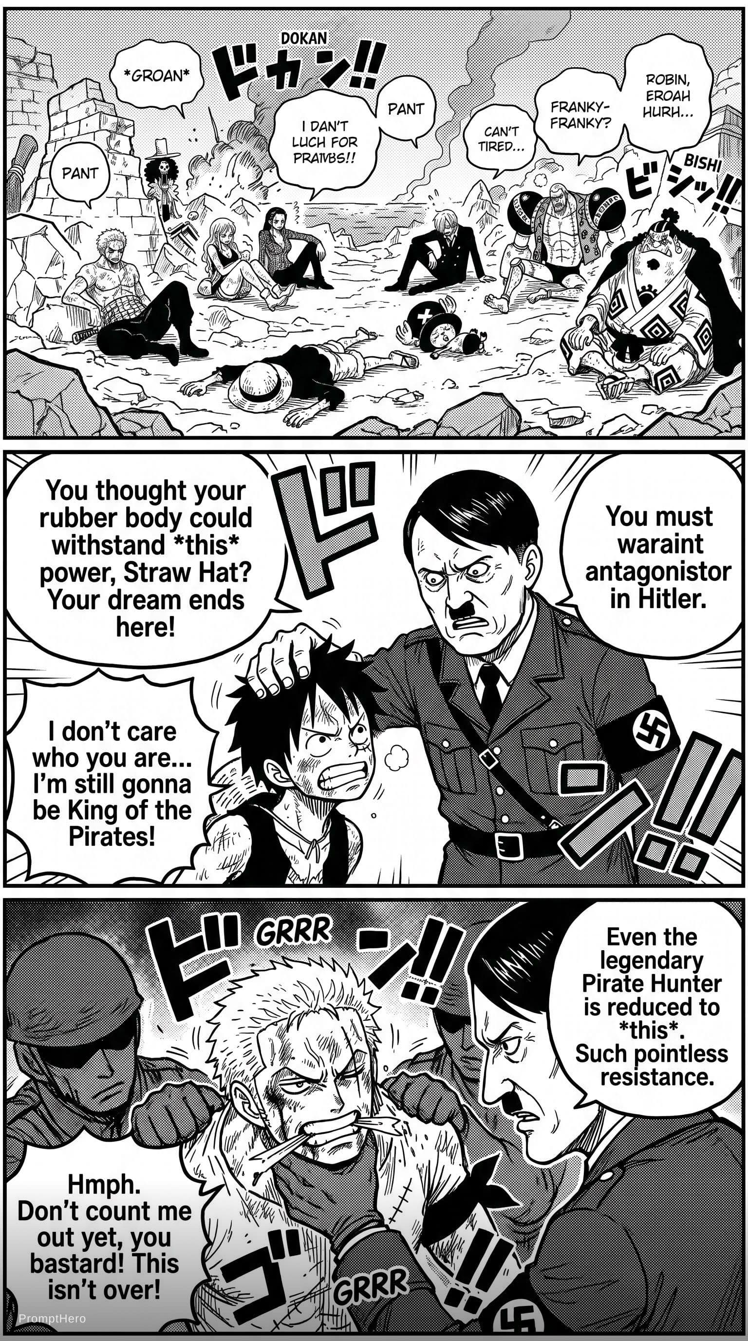 AI generated: I want a fan-made One Piece manga image showing the entire Straw Hat crew lying on the ground in pai...