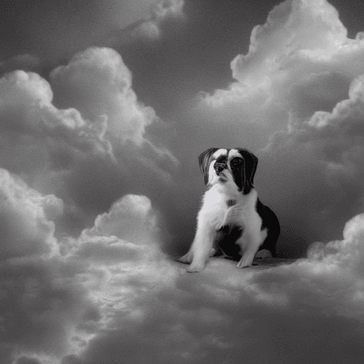 AI generated: a photorealistic portrait of a little black and white dog, surrounded by Angela in Heaven, beautiful...