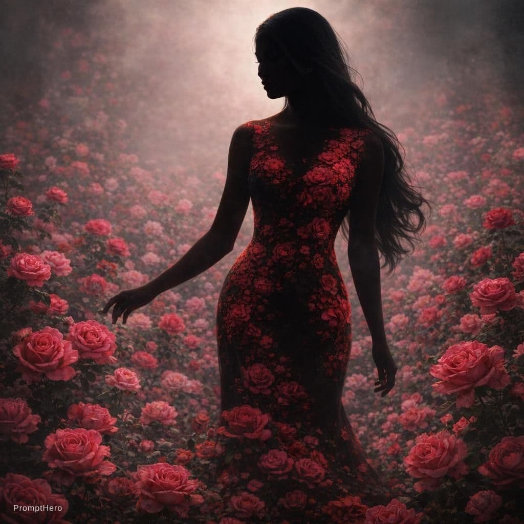 AI generated: The image depicts a striking and artistic scene featuring a pretty Polynesian woman standing amidst ...