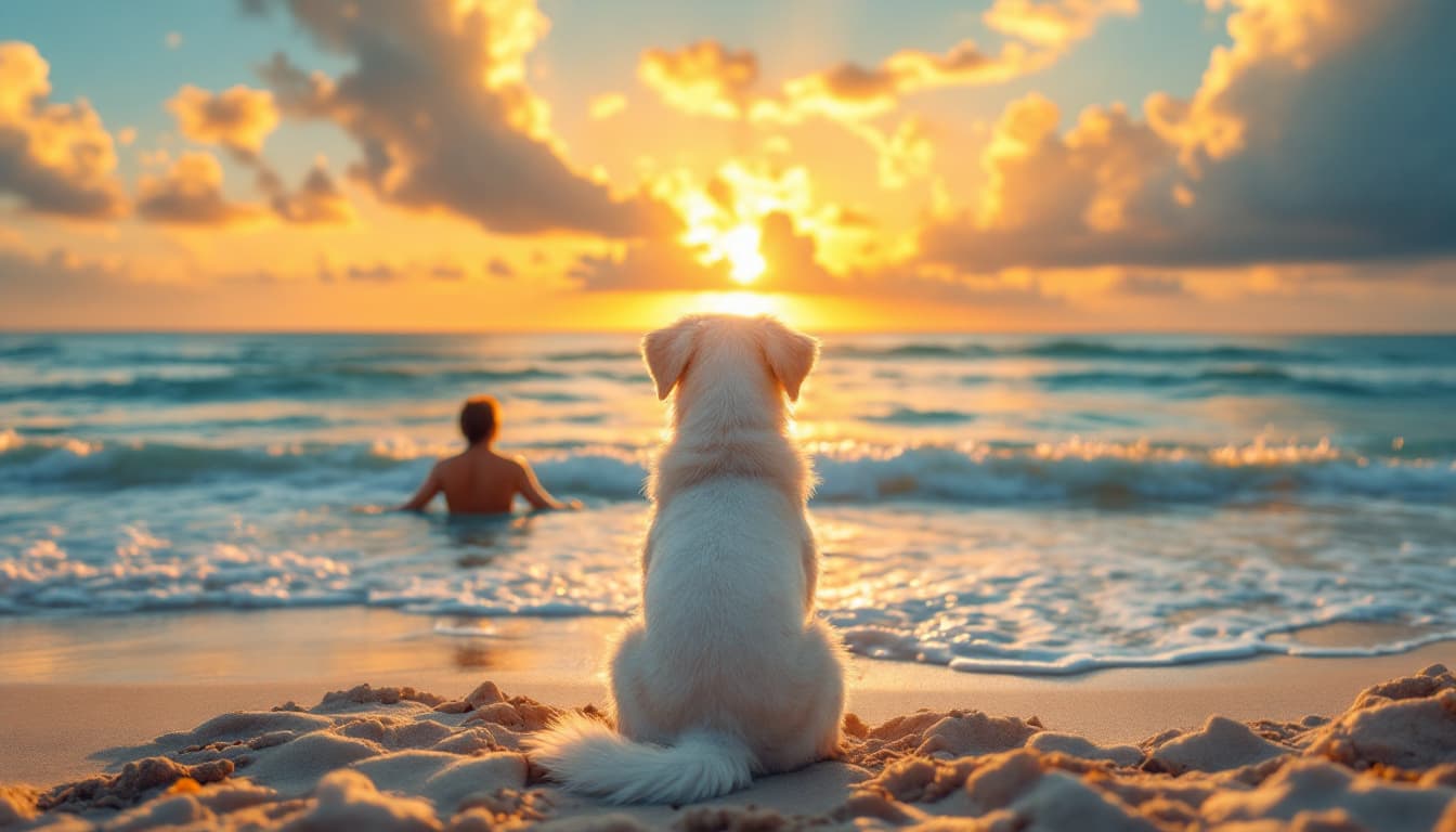 AI generated: A serene sunset on a beach, where golden rays illuminate the sky filled with soft, fluffy clouds. In...