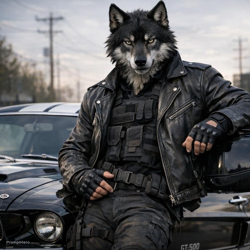 AI generated: Realistic, male humanoid wolf, black open leather jacket with black military gear underneath it, no ...