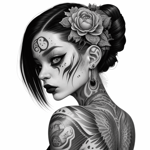 AI generated: tattooed female figurative painting by dora art, in the style of intricate black and white illustrat...