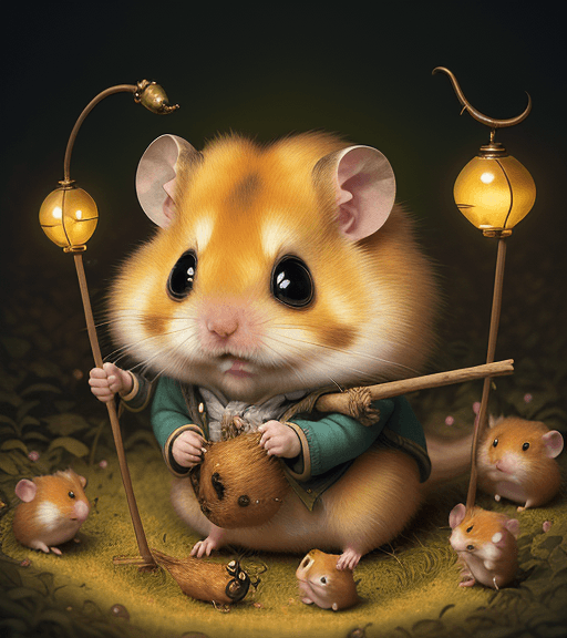 AI generated: very beautiful portrait of an extremely cute and adorable golden hamster who is poking a stick in hi...