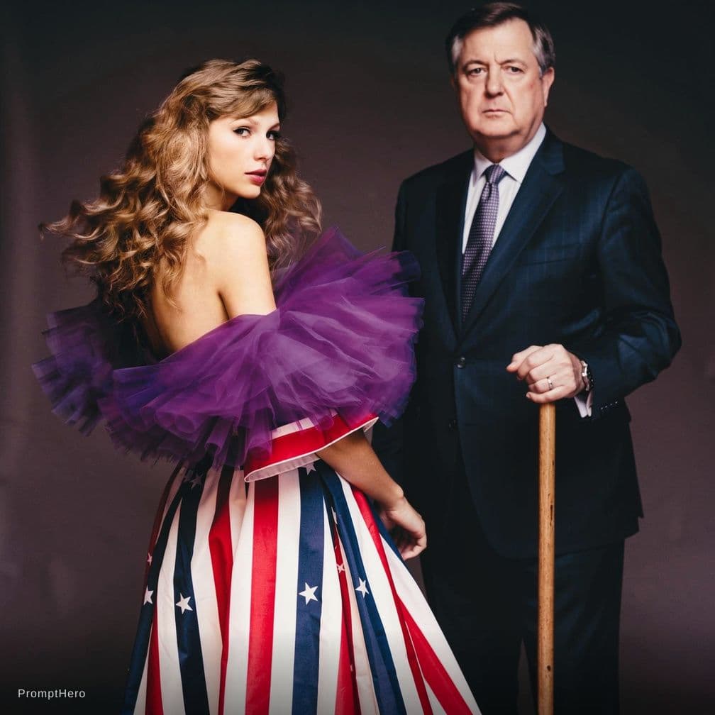 AI generated: Taylor swift with Donald J. Trump behind her, holding a stick, with an American dress.