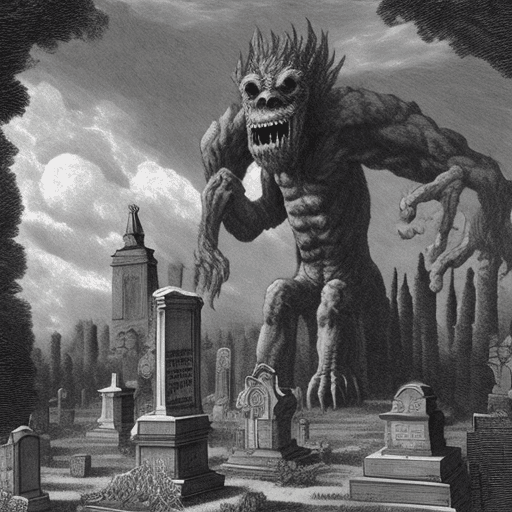 AI generated: giant monster in a cemetery in the style of Gustave Doré
