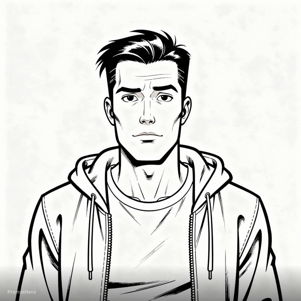 AI generated: young man with long face, with clean shaven short beard, with dark hair, without hat, without glasse...