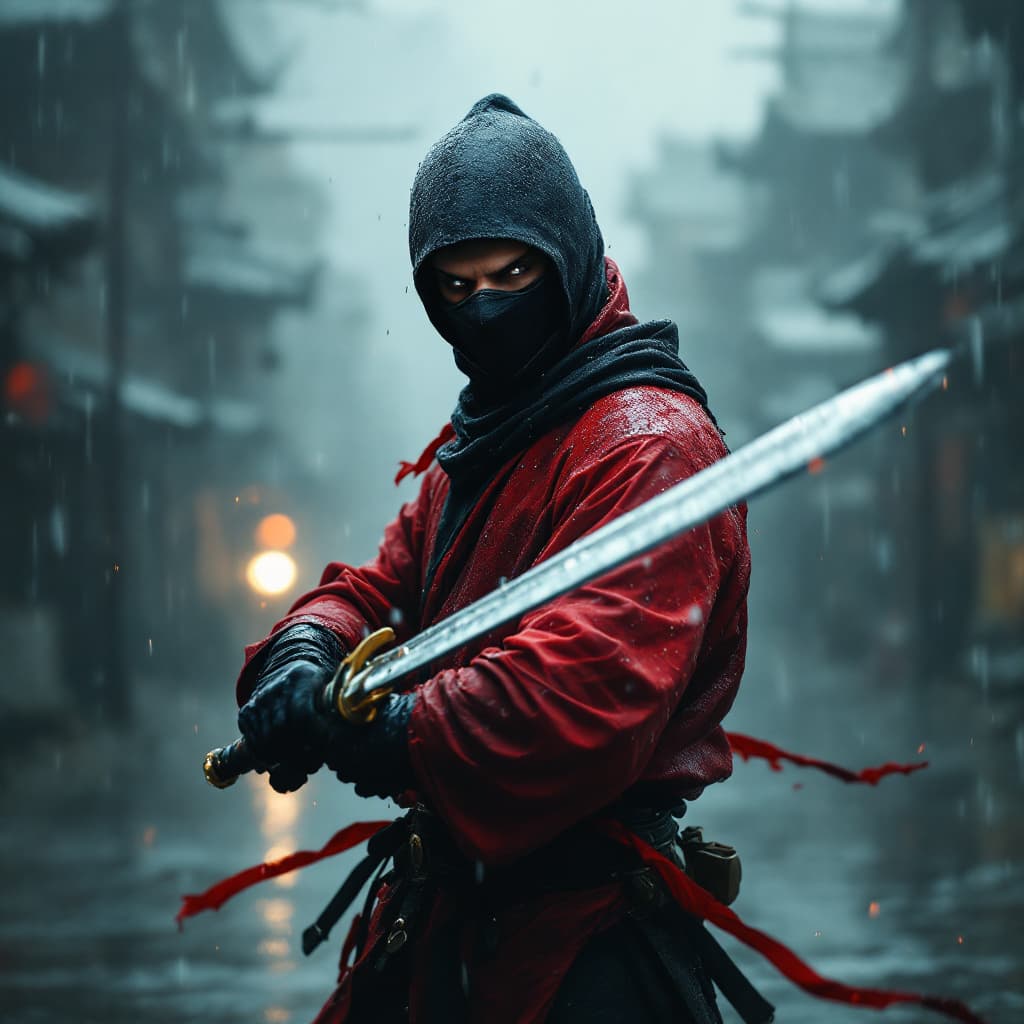 AI generated: A ninja with a sword in the rain 