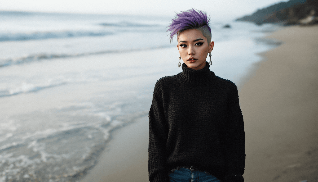 AI generated: During Afternoon, an Asian woman stands near Sandy beach with soft rolling waves behind, framed in a...