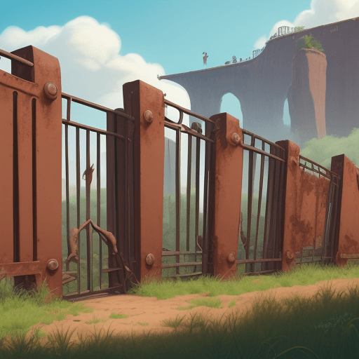 AI generated: I need a high-detailed pixar style cartoon of a long, tall rusty Iron slat wall sitting in baron lan...