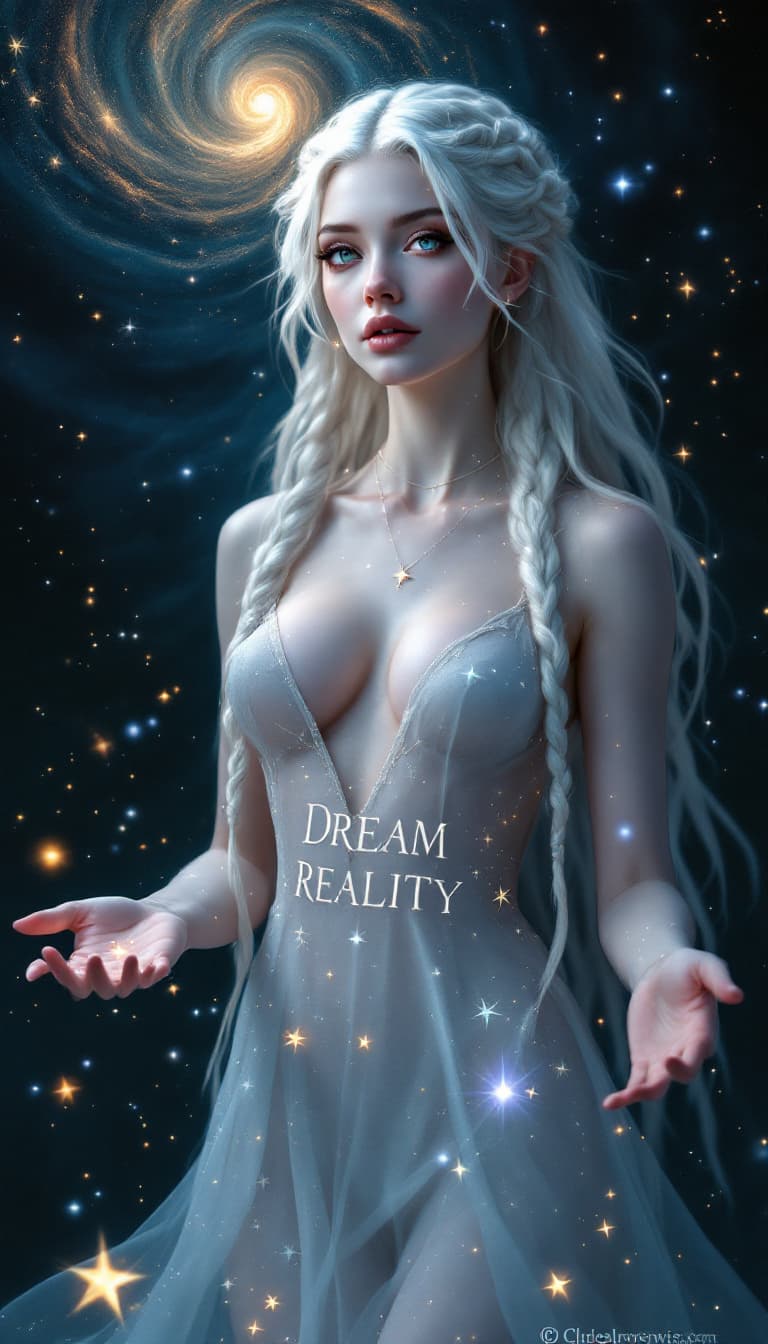 AI generated: A hyper-realistic portrait of a female dream weaver with pale, moonlit skin and long, flowing white ...