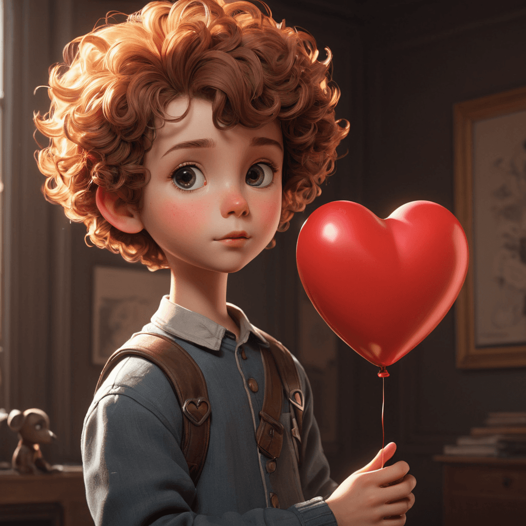 AI generated: a poster depicts a boy holding a heart shaped balloon, in the style of sketchfab, poodlepunk, warm t...