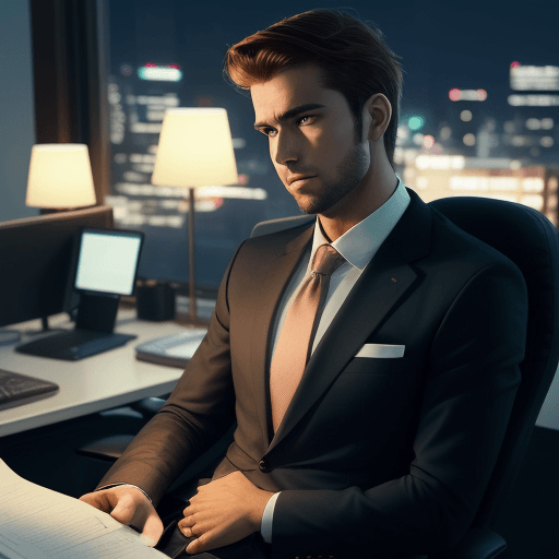 AI generated: handsome business man sitting in office and thinking, night time
