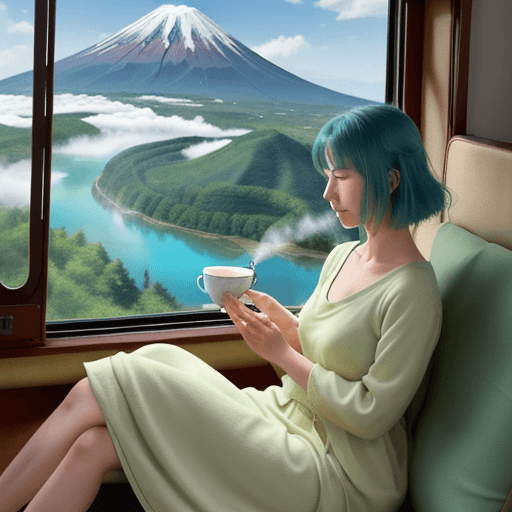 AI generated: A Fantasy art Style, Solid color flat color, Studio Ghibli anime-style, scene of a woman sitting in ...