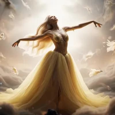AI generated video: Long hair Blonde Woman in long luxorios tull dress, light yellow, golden color, the realm of the Air...