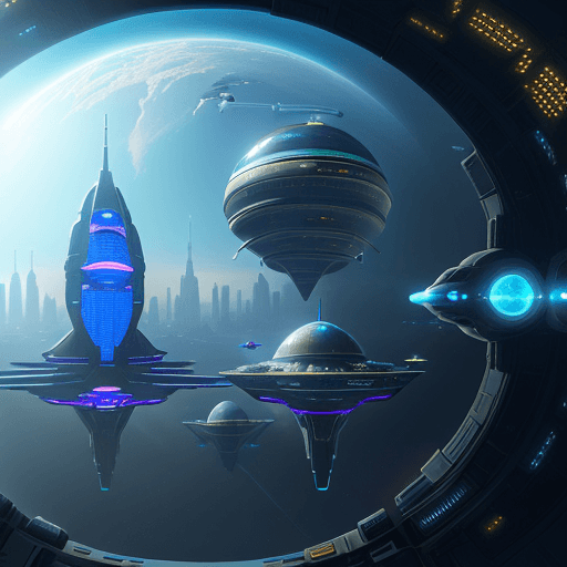 AI generated: A futuristic spaceport city floating in the sky, with spaceships docked at massive domes and buildin...