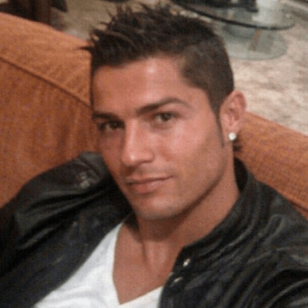 AI generated: Cristiano Ronaldo, posing, handsome, selfie, low quality 