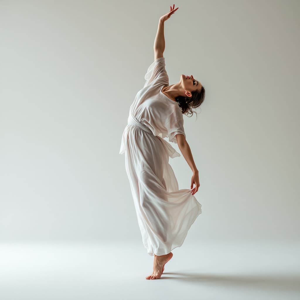 AI generated: Generate an artistic image of a female dancer dressed in loose, flowing white clothing, performing a...
