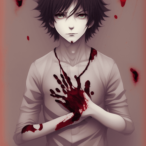AI generated: Scary, 1boy, blood, hand prints, silver, red, piecing, mature, leaves, anime, 