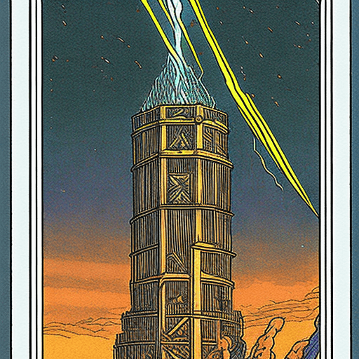 AI generated: The Tower tarot card by Moebius :: lightning strike :: the Eye of God --ar 6:13