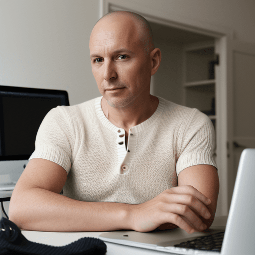 AI generated: 44 year old man, correct, white, short hair, shaved, sitting upright in front of computer, rawboned,...