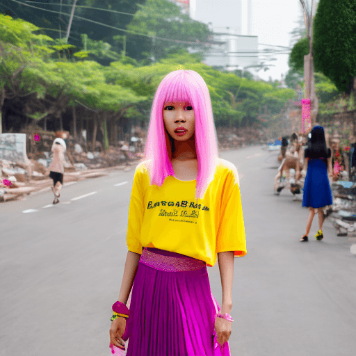 AI generated: female,Thailand, fashion model,long yellow hair, tall, muscle,bluw t-shirt,pink skirt, full body