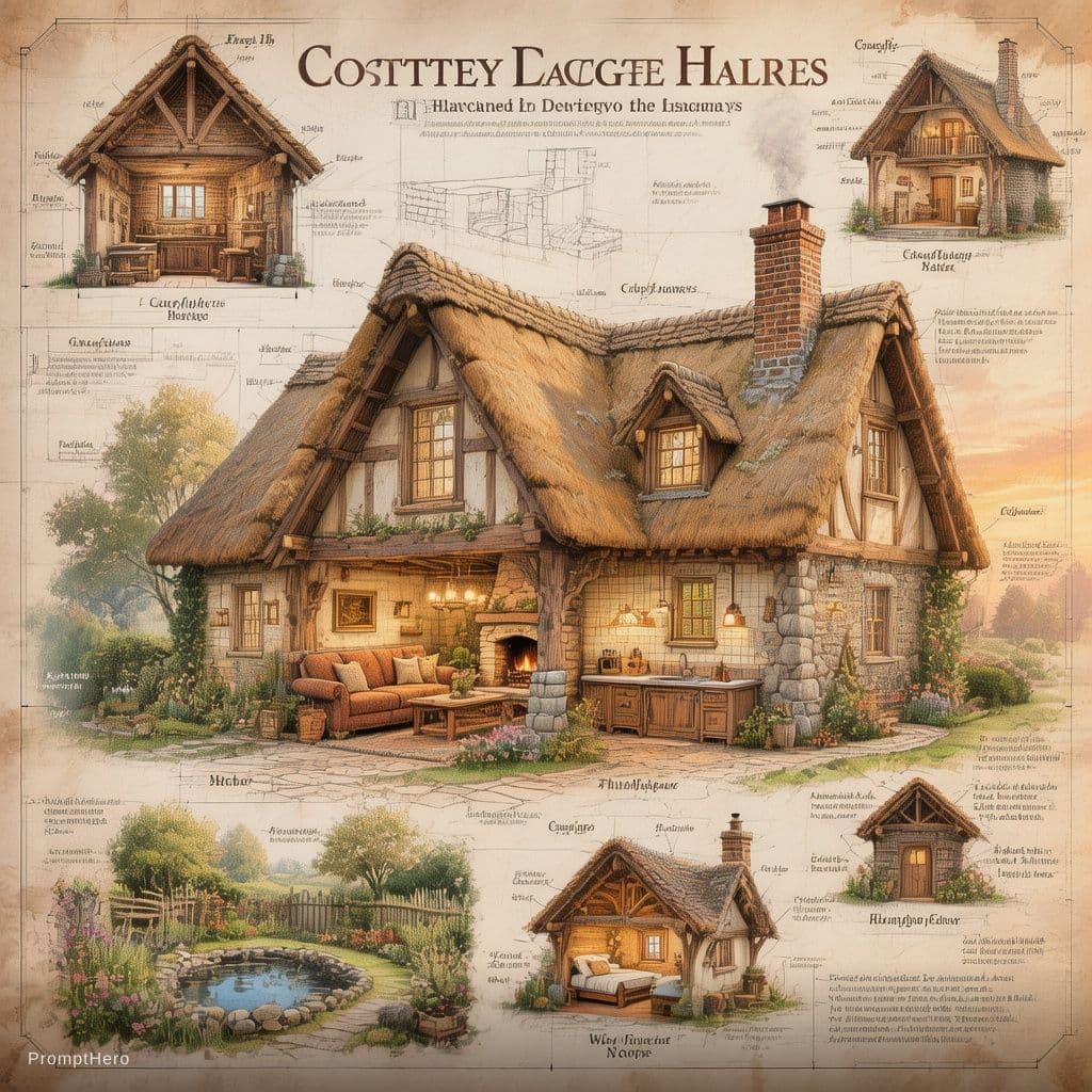 AI generated: A digital architectural blueprint of a cozy, rustic cottage house, with comprehensive labeled sectio...