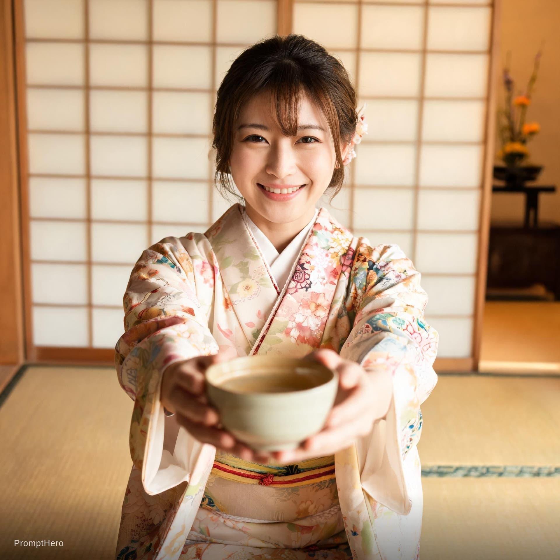 AI generated: smiles, wears a kimono,  serves japanese tea to the viewer
