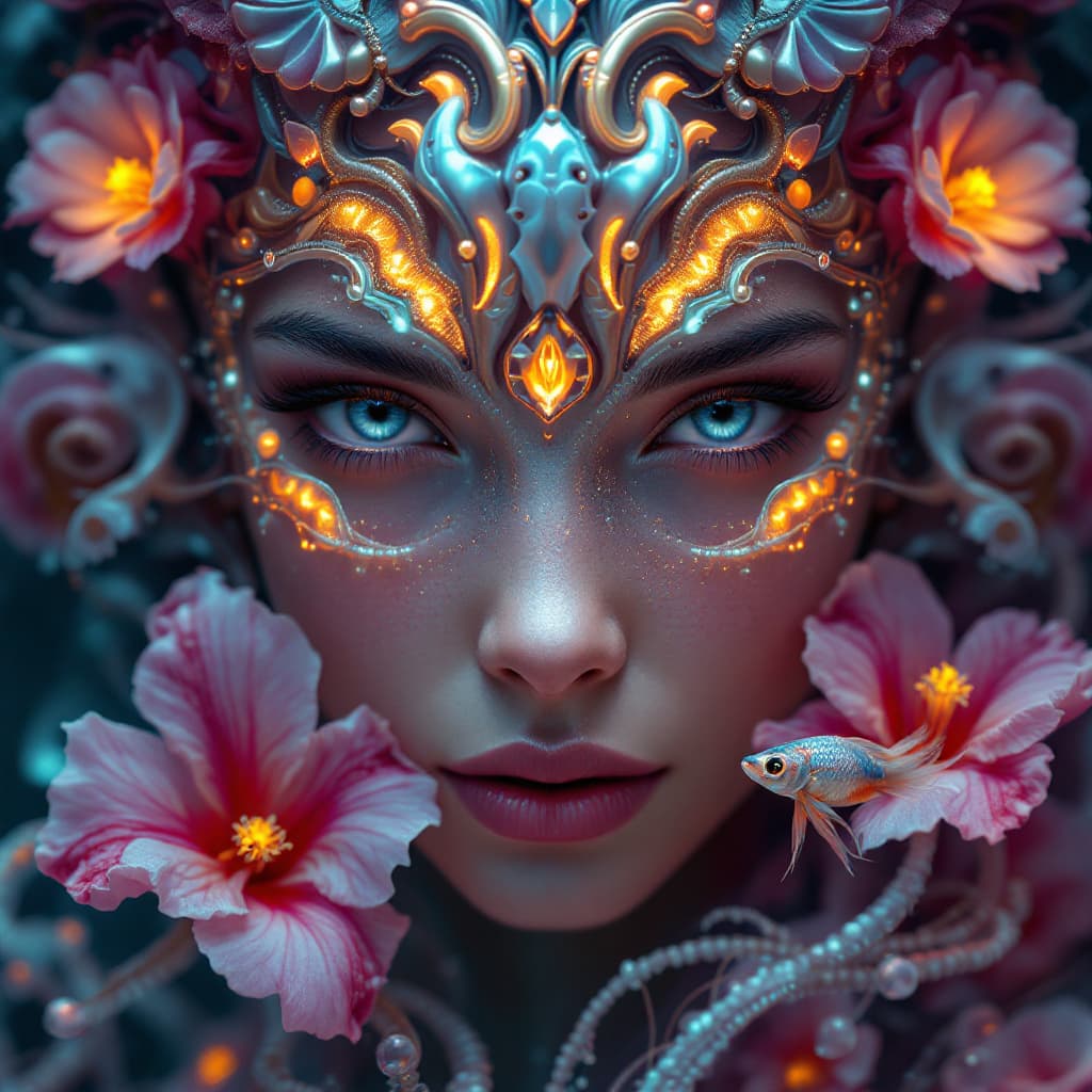 AI generated: Goddess close-up portrait ribcagel. jellyfish phoenix head, nautilus, orchid, skull, betta fish, bio...