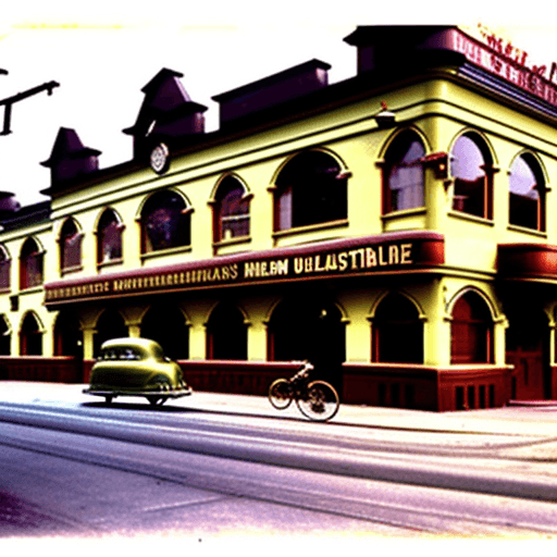 AI generated: 1950s steampunk town hall street bycicles