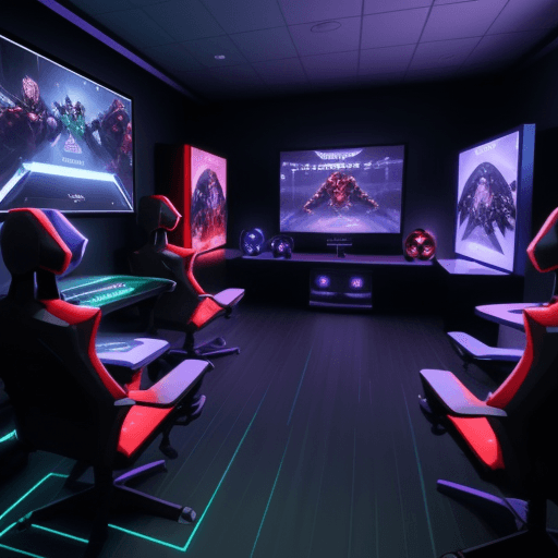 AI generated: Gaming metaverse. Not people. video gameroom. web3 gaming